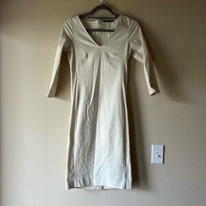 Jarbo Elegant Cream Sheath Dress with V-Neck and 3/4 Sleeves
